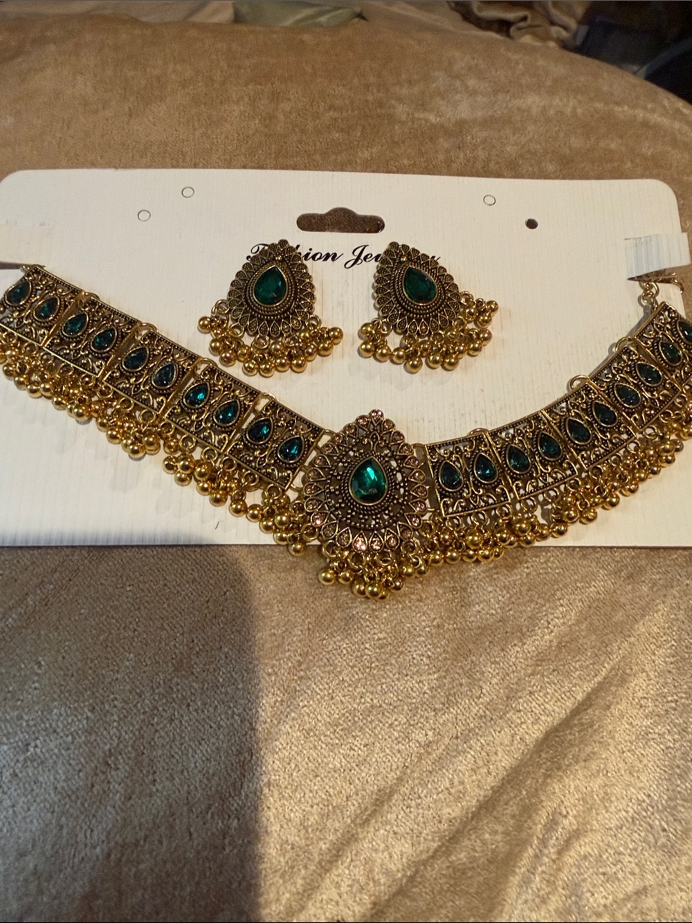 Fashion Jewelry Gold-Tone Choker Set with Green Stones